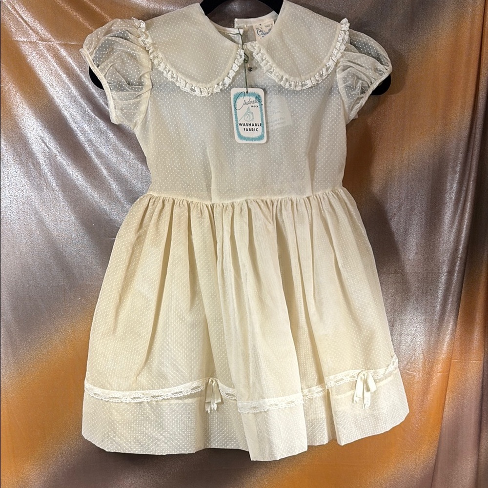 Vintage 50’s NWT Cream‎ Kids Dress Swiss dot  Lace Details E1